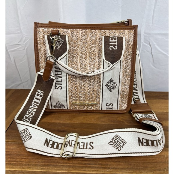 Steve Madden Bwebber Straw Satchel Crossbody Bag Tan Purse Mini Adjustable EUC - Picture 2 of 7